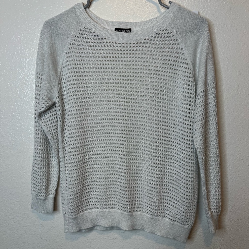 Express Cream with Silver Metallic Sparkle Mesh Open Knit Sweater Size Medium